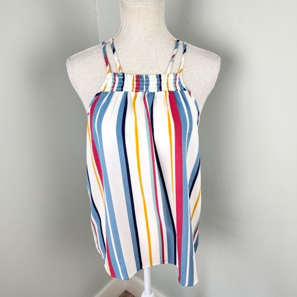 Pink Rose Striped Smocked Chest Line Spagetti Strap Top Size Small